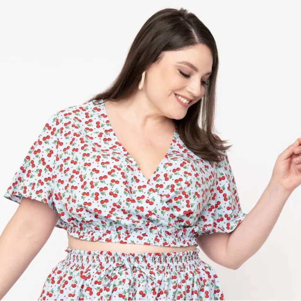 Unique Vintage Blue Crop Top w/ Cherry & Dot Print